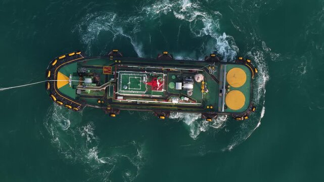Aerial top down view of tugboat turning and pulling a towing line