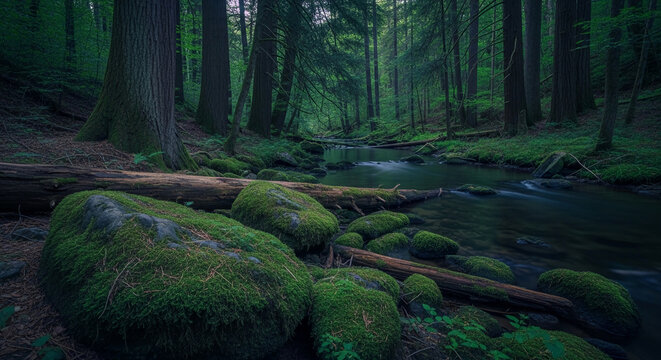 Lush green moss covers rocks in a forest stream, showcasing nature's tranquility and the enduring beauty of the natural environment