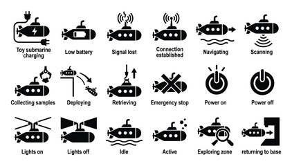 Obraz premium A collection of submarine icons illustrating underwater vehicle states and actions such as charging, low battery, signal status, navigating, collecting samples, deploying, retrieving, and
