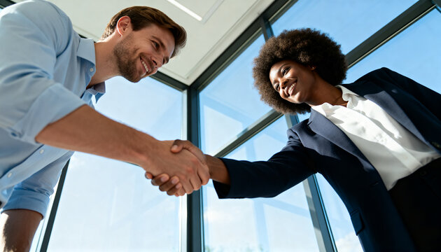 Shaking hands, male light-blue-shirt, female navy-blazer white-blouse leaning in office corner