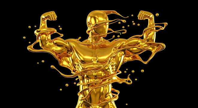 Dynamic 3D render of a muscular bodybuilder figure sculpted from liquid splashing gold. High-energy luxury graphic for premium gym branding, VIP fitness nutrition, championship trophies, and strength 