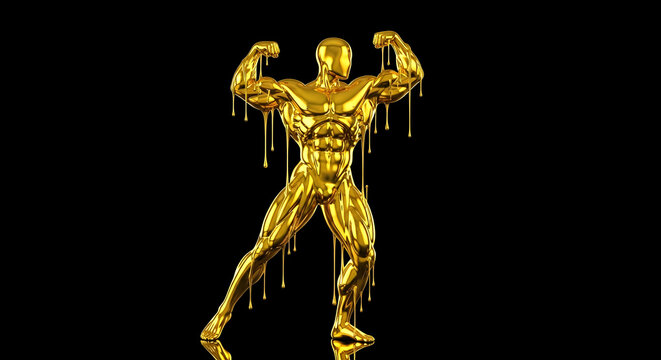 Dynamic 3D render of a muscular bodybuilder figure sculpted from liquid splashing gold. High-energy luxury graphic for premium gym branding, VIP fitness nutrition, championship trophies, and strength 