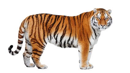 Fototapeta premium Majestic adult Amur tiger standing with piercing eyes looking directly at the viewer