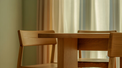 Fototapeta premium Minimalist modern wooden dining table and chairs set in a brightly lit contemporary room with soft natural light and clean lines for home interior design and residential living background