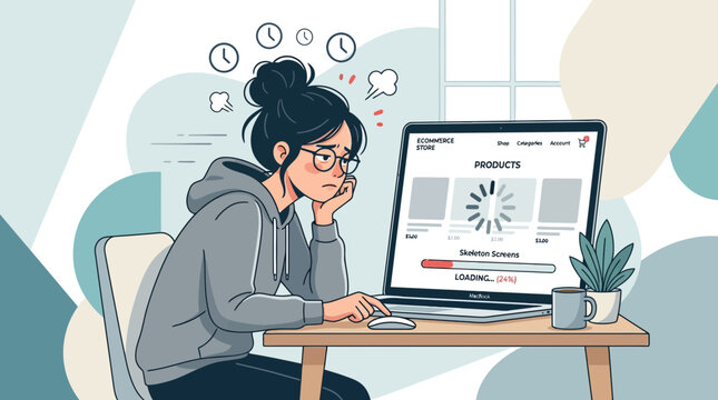 Frustrated woman waiting for slow loading ecommerce website