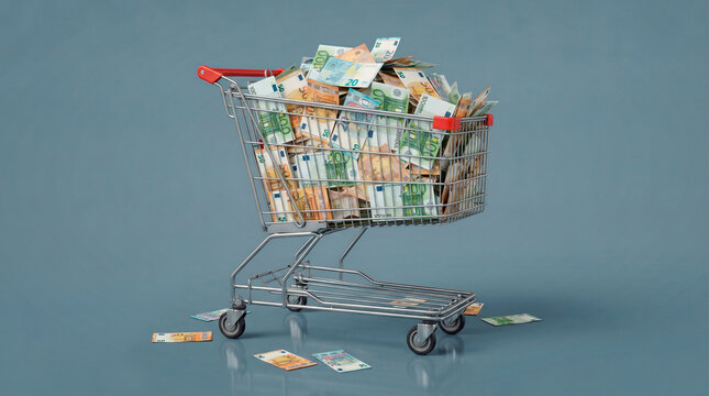 Euroscheine im Einkaufswagen &ndash; Geld f&uuml;r Konsum