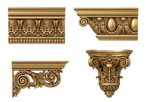 Set of ornate golden architectural molding elements featuring classical floral and scroll designs