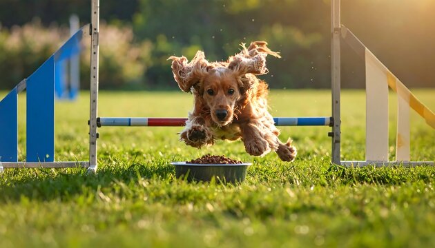 A fluffy, brown dog mid-air, leaping over a jump during an agility course, bowl below. Sunlight illuminates green grass
