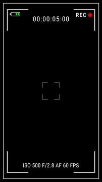 Recorder camera screen vertical mobile overlay on black background, Camera Recording Screen Overlay. Camera Viewfinder With Timer Focus Exposure Setting. 4K video.