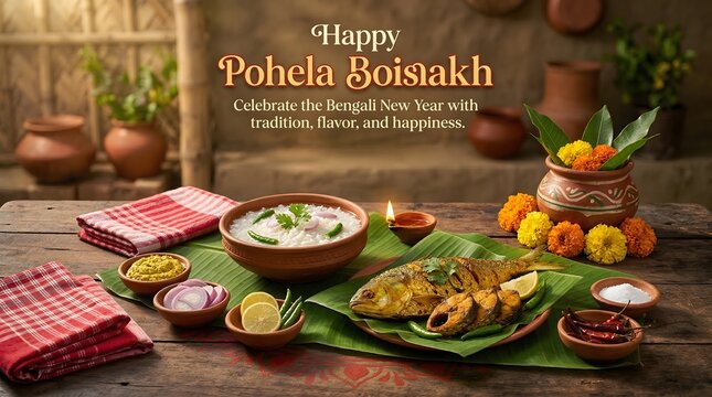 Traditional bengali new year celebration with food and flowers on a wooden table