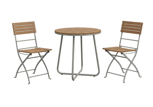 A small round bistro table with two matching slatted wooden folding chairs for outdoor settings