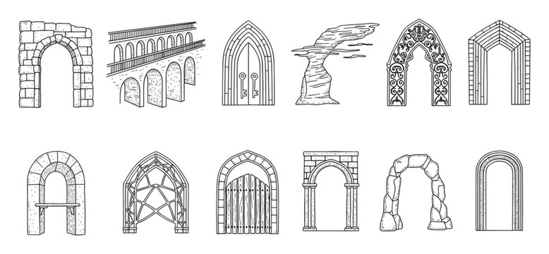 Versatile collection of architectural archways and gateways in various historical and natural styles ideal for game development or historical graphic illustrations