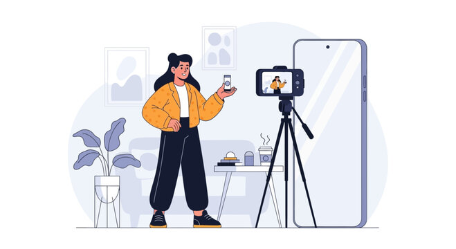 Young woman filming a product review using a smartphone on a tripod, promoting lifestyle and online content creation