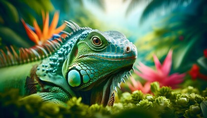 Obraz premium Closeup of a green iguana in a lush tropical environment with vibrant plants lizard