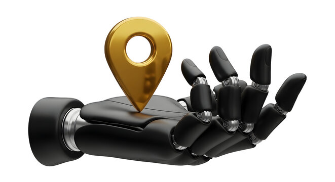 A robotic hand holding a gold location pin