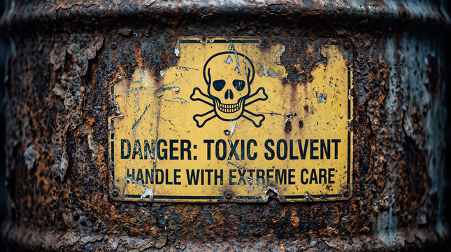 4K macro photograph of a dry, corroded industrial solvent 4K macro shot of a severely corroded industrial solvent barrel with a peeling toxic warning label. Concept for supply chain crisis, toluene sh
