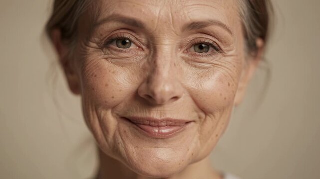 Close up portrait of smiling mature woman with natural wrinkles and freckles on beige background