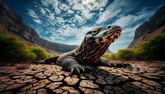 Large komodo dragon resting on cracked ground in a rugged mountainous landscape with blue sky