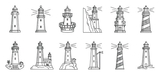 Naklejka premium A collection of various handdrawn lighthouse outlines symbolizing maritime navigation, safety, and coastal travel, suitable for oceanthemed projects and waterside security graphics.