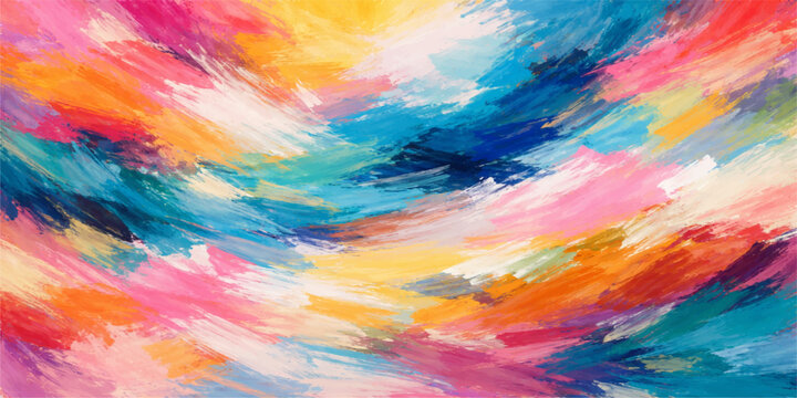 A vibrant rainbow spectrum of abstract watercolor paint creates a bright textured art backdrop with a seamless colorful design and blurred light stripes