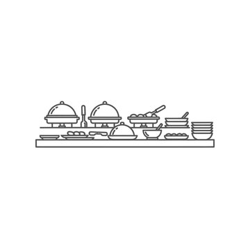 Minimalist Illustration of Buffet Serving Station with Food and Utensils