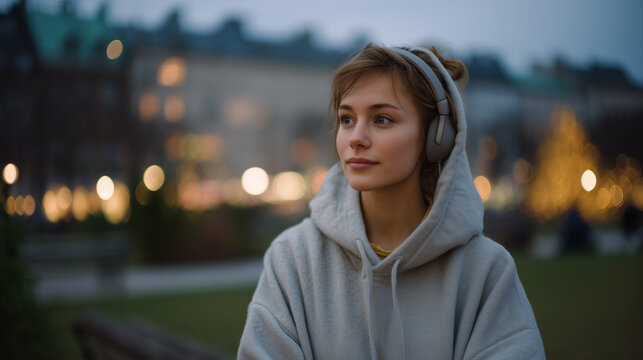 Socially drained introvert taking restorative solo walk through empty park at dusk, headphones on, deliberately choosing solitude to process overstimulating day, ideal for energy management and mode