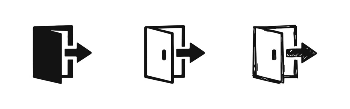 Logout or exit icon set, depicting a door with an arrow in solid, outline, and hand-drawn styles