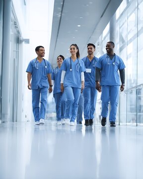 Diverse medical team in blue scrubs walking together in a bright modern hospital corridor