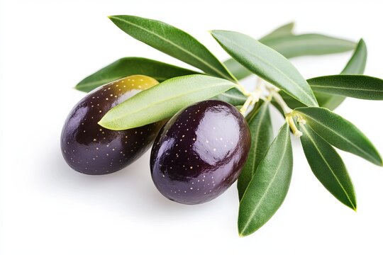Dark Natural Olives with Green Leaves Isolated on White Background for Healthy Diet and Nutrition