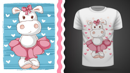 Cute cartoon hippo ballerina with tutu and bow, t-shirt design © Joy