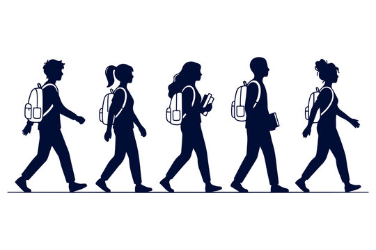 A series of silhouetted figures walking forward, representing students on their way to school.