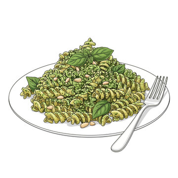 Pasta fusilli with pesto sauce, pine nuts, and basil leaves on white plate with fork