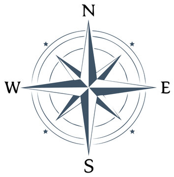 Classic compass rose graphic with north south east west directions and decorative stars