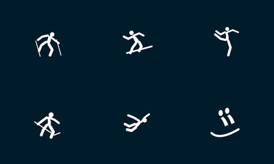 Fototapeta premium A collection of white stick figure icons depicting various winter sports and a happy face symbol