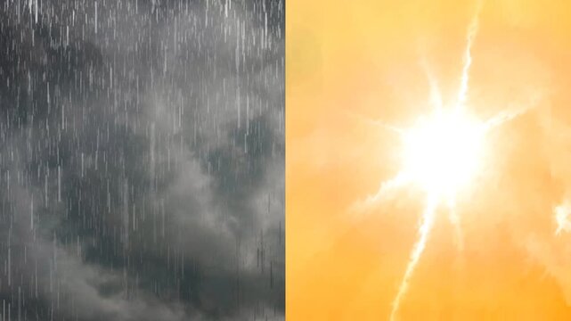 Different weather views. Rain and thunder from dark clouds with sunshine and hot weather from the sky. Extreme weather concept, climate change or global warming