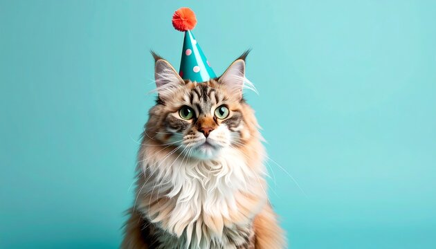 A fluffy feline, with striking green eyes, wears a party hat against a vibrant teal backdrop. It has a fluffy chest