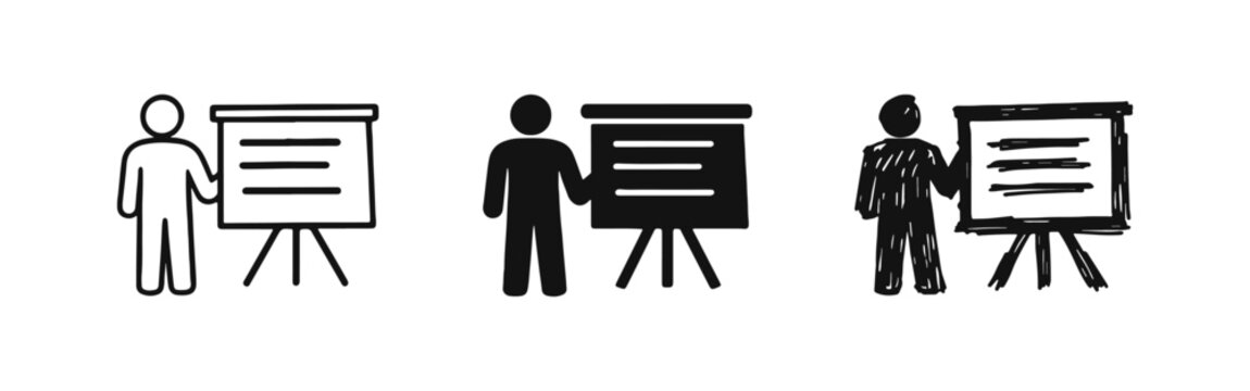 Person giving a presentation icon set, representing business meetings, training, and education.