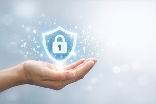 Cybersecurity Shield: A digitally rendered glowing shield with a padlock floats delicately above an open hand, illustrating concepts of security, protection, and data privacy.