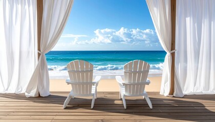 Obraz premium Relaxing summer vacation view of a wooden table and chairs on a tropical resort terrace overlooking the blue ocean sand and sunny island coast