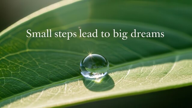 Single water droplet on green leaf with inspirational quote