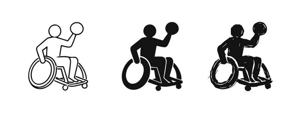 Wheelchair Basketball Player Icon Set, Disabled Athlete in Wheelchair Playing Basketball, Paralympic Sport Icon Collection