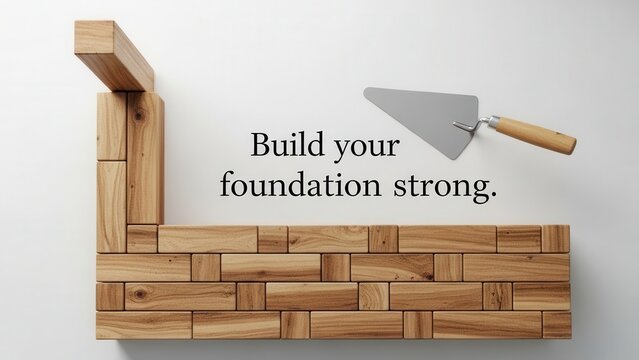 Wood brick wall construction with trowel and text