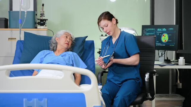 Professional nurse providing compassionate healthcare to elderly patient in hospital setting, showcasing medical care, support, recovery, and modern clinical environment.