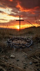 Fototapeta premium Crown of Thorns With Cross at Sunset Landscape