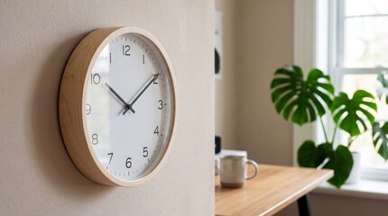Naklejka premium A round wooden clock on a beige wall with a cup and plant in the background indoors
