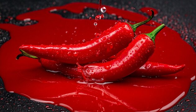 Three vibrant red chili peppers with glistening water droplets rest on a glossy red surface, symbolizing freshness, spice, and culinary intensity.