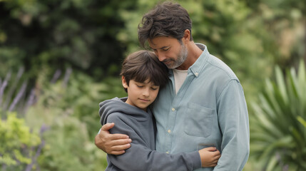 Fototapeta premium Dad hugging son in a park outdoor. Caring father comforting his child with a warm embrace. Family bond, love, and support. Concept of parenthood, childhood, home life, and connection.