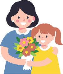 Fototapeta premium Happy young girl with pigtails embraces a smiling woman while jointly holding a colorful bouquet of flowers.