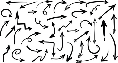 Fototapeta premium Collection of hand drawn black arrows pointing in various directions on white background