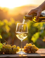 Naklejka premium Pouring white wine into a glass surrounded by grapes at sunset.
